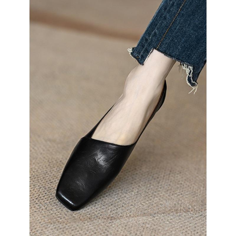 Square head single shoes women's 2025 new loafers spring French medium heel thick heel commuter high heels