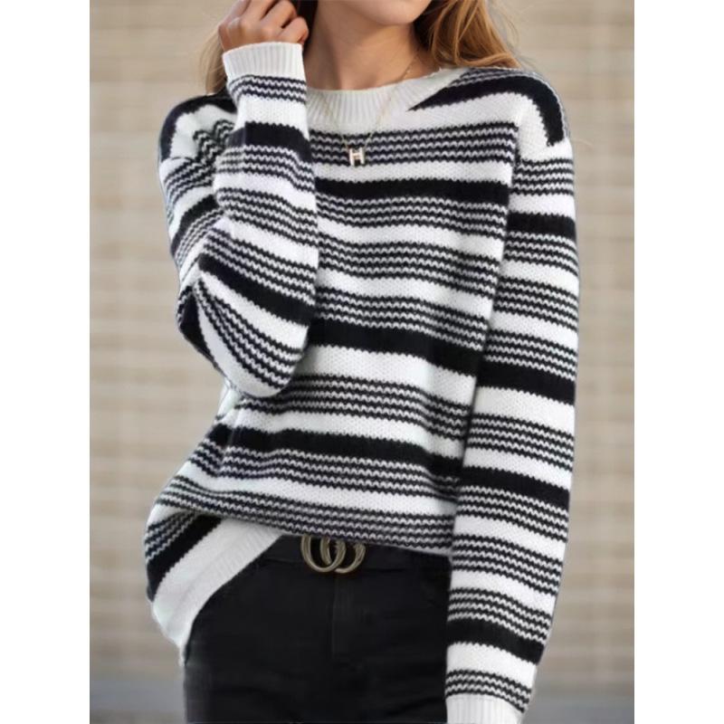 Tooxika Women's Clothing 2024 Autumn And Winter New Contrast Color Striped Pullover Sweater Top Round Neck Contrast Color Sweater For Women