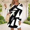 Women Plus Size Round Neck Long Sleeve Black Printed A Line Dress