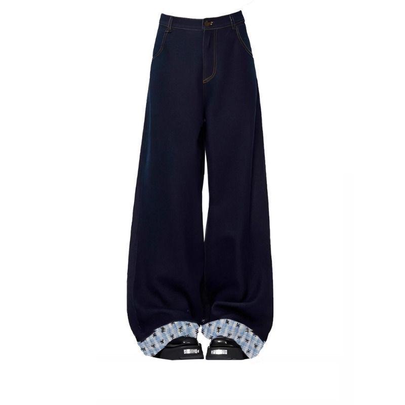 Women's High-Waist Dark Blue Denim Pants - Winter Lazy Style with Contrasting Letter Embroidery and Plus Velvet Wide Leg Design.