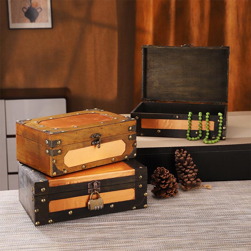 Wooden Treasure Chest Portable Vintage Distressed Storage Trunk Handbag For Jewelry Toys Storage Box Organizer Photo Props