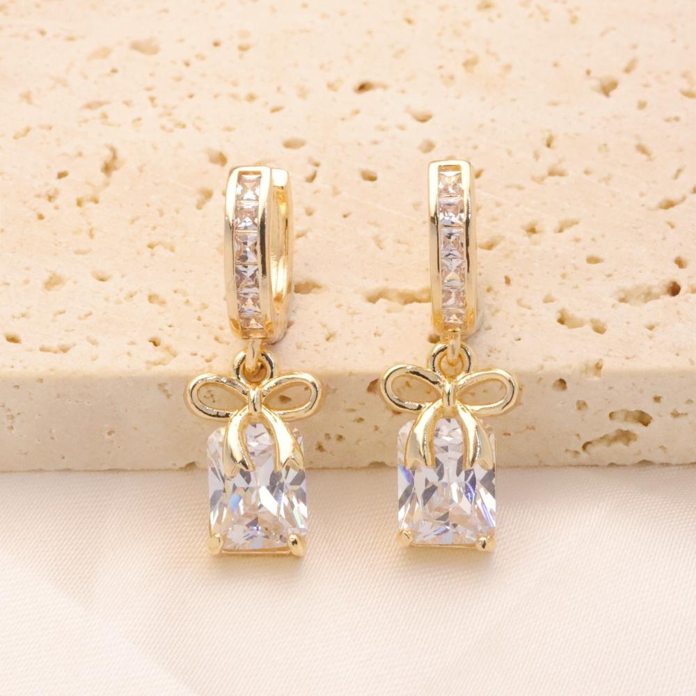 1 Pair Fashion Zirconia with Bow Dangle Earrings for Women Golden Earring Jewelry Wedding Party Accessories