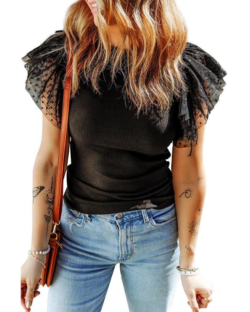 Azura Exchange Top z žebrovaného úpletu s volánovými síťovanými rukávy