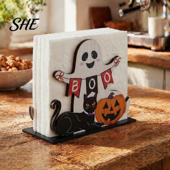 Halloween Gift for Party Lovers Ghost Wooden Napkin Holder, Cute Paper Towel Decorative Rustic Wood Tissue Organizer Stand, Freestanding Dispenser