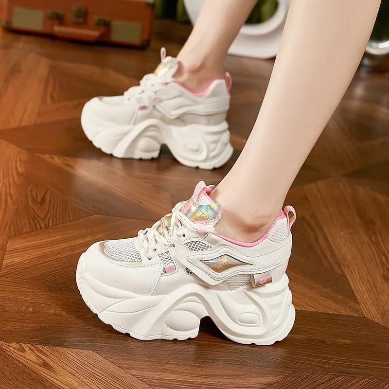 Fashion 7cm Air Mesh Synthetic Genuine Leather Chunky Sneaker Sandals Women Ladies Comfy Spring Autumn Boots Mixed Color Vulcanize Shoes