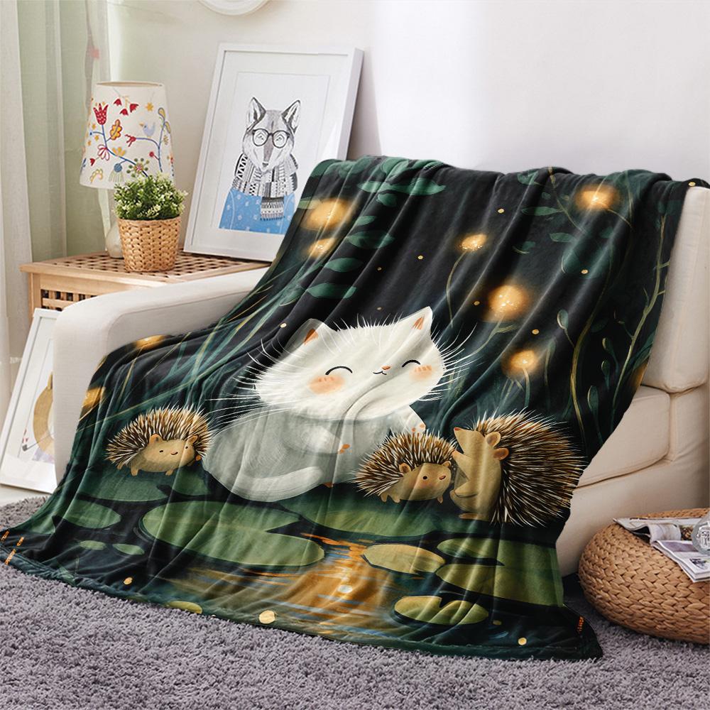 Weiße Katzen-Print Flanelldecke, Hohe Qualität, Bequem für alle Jahreszeiten, Heimdekoration, Wärme und Komfort, Perfekt für Weihnachtsgeschenke