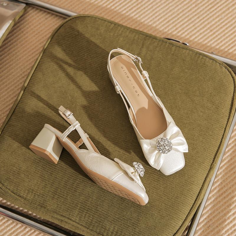 

55105 high heels women s thick heel 2025 new square head empty sandals temperament rhinestone bow shoes 39