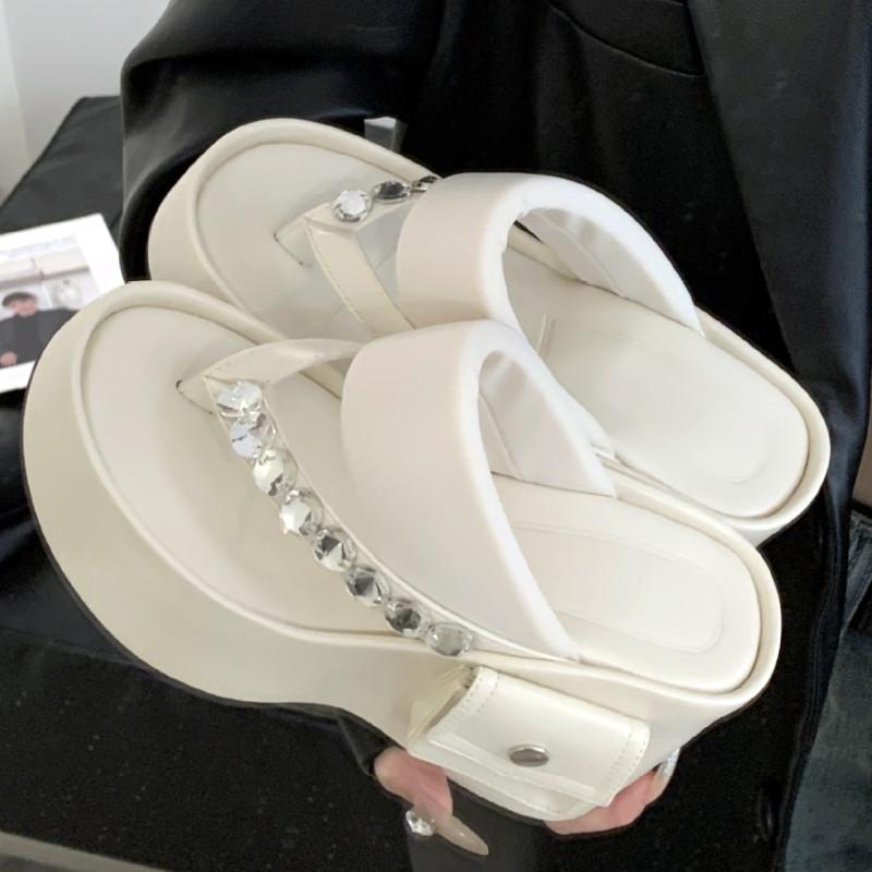 Fashion Rhinestone Thick Bottom Non-slip Women Sandals 10 Cm Super-high Heel Clip Toe Flip-flops Summer Casual Comfortable Beach Slipper