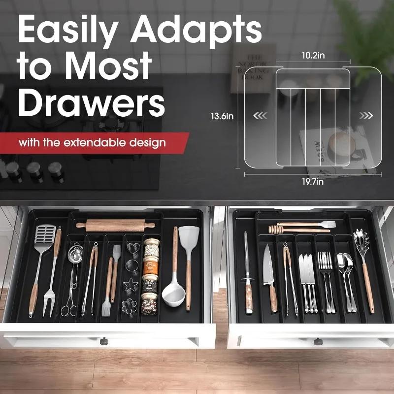 Kitchen Organizer Tray Adjustable Pantry Organizer Utensil Cutlery Drawer  for Forks Knives Silverware Expandable Kitchen Drawer