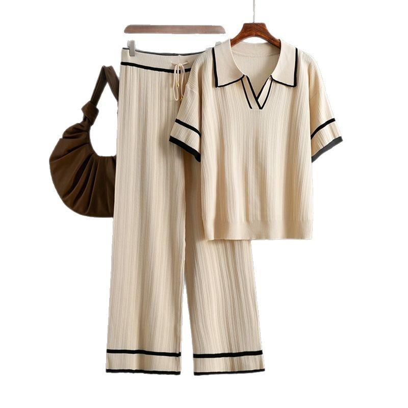 suit new summer dress olo collar short sleeve fashion casual loose high waist knitted two-piece set
