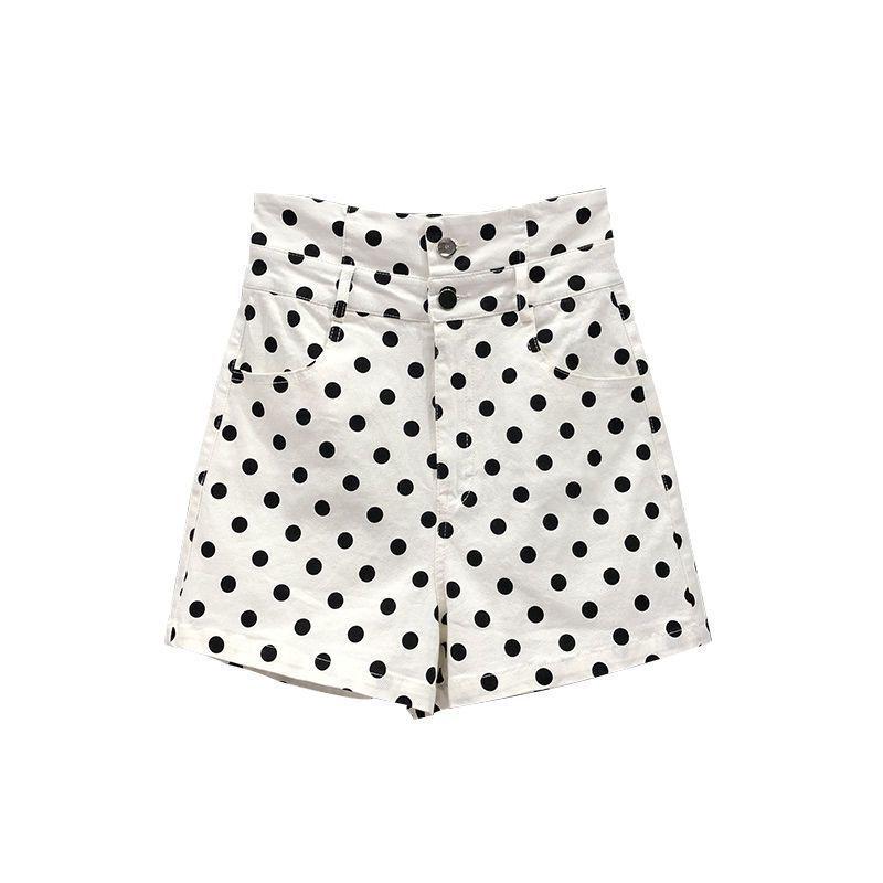 2025 Spring/Summer Women's Polka Dot High Waist Denim Shorts - Trendy Hong Kong Style, Washed Cotton, Wide Leg Fit