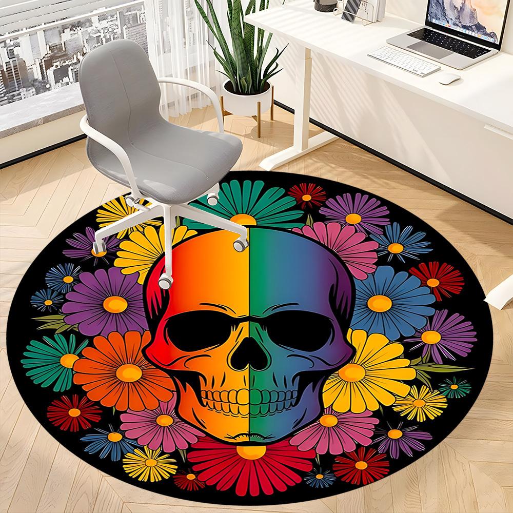 1pc Skull Flowers Chair Carpet for Office, Round Non Slip Durable Large Size Office Carpet, Suitable for Office