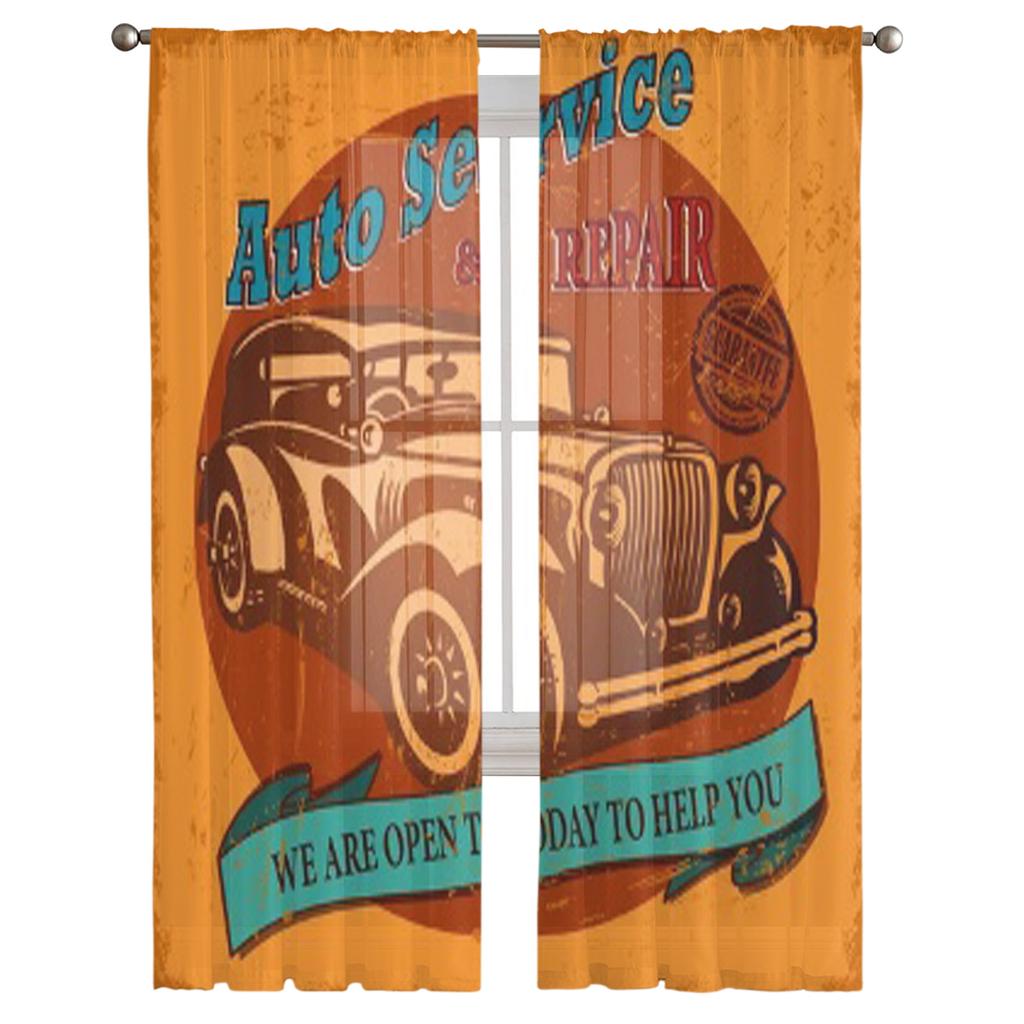 Vintage Auto Service Retro Poster Transparente Vorhänge für Wohnzimmer Transparenter Tüll Fenstervorhang Schlafzimmer Küche Schleier Drapierungen