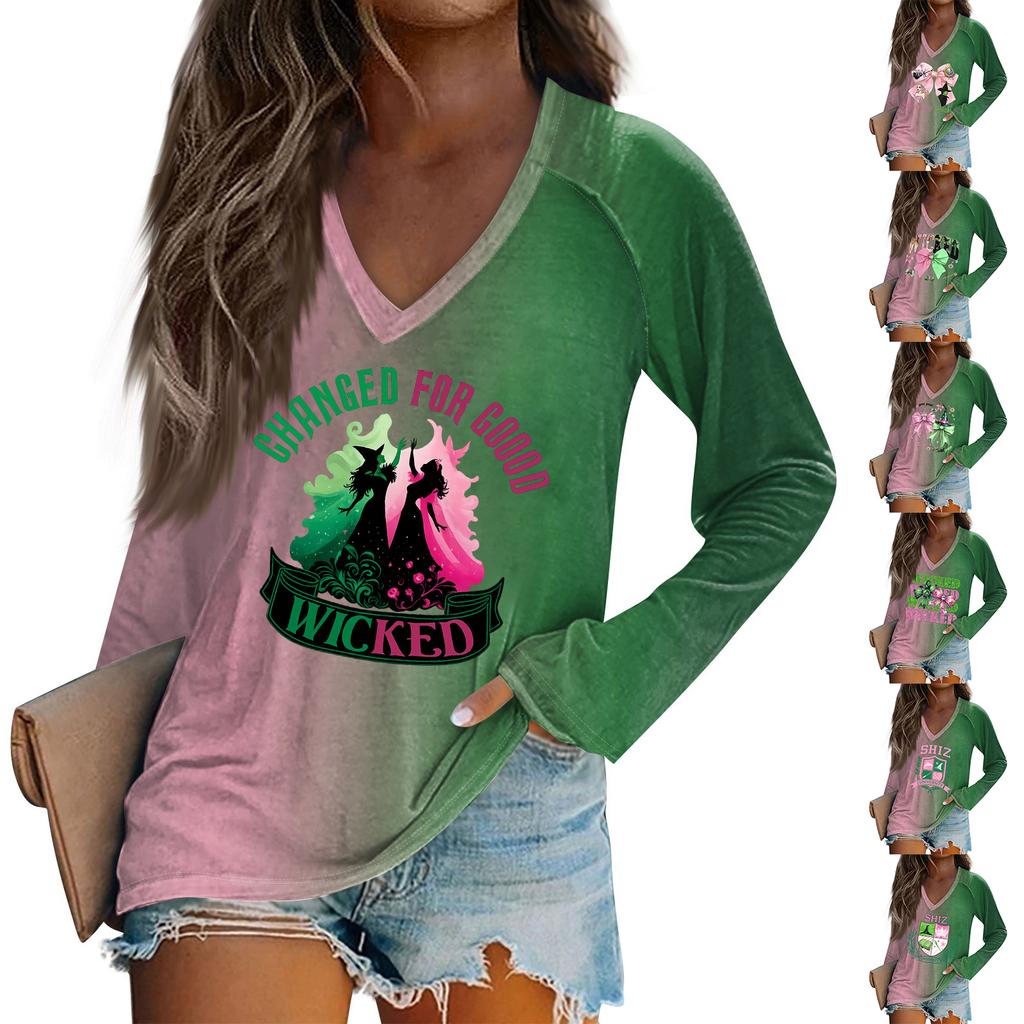 Women's Long Sleeve Plunger Sleeve  Witch Printed Casual Top T-Shirt