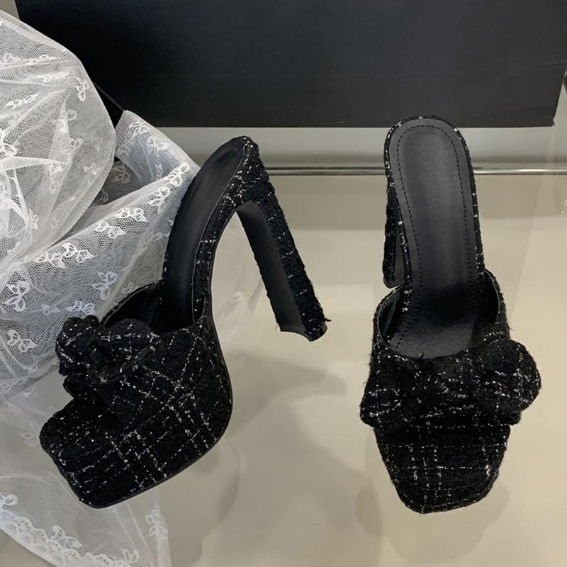 Fashion Liyke Fashion Pink Cloth Bowknot Designer Sandal Square Toe Super High Heels Platform Slippers Women Summer Party Banquet Shoes