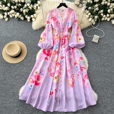 Spring Summer Women V-neck Lace Collar Single Breasted Print Long Maxi Seaside Beach Dresses