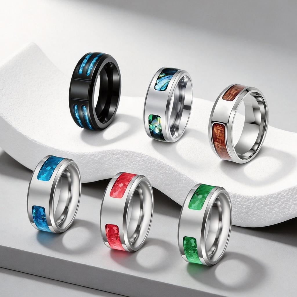 Men's Fashion Titanium Steel Opal Ring with Personalized Laser Engraving Option