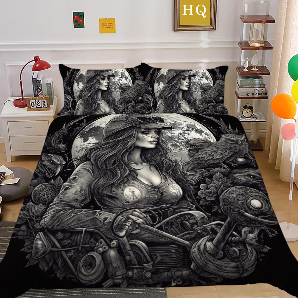3D Beauty Skull Tisk Přehozy na postel King Size Polyester Povlak Set Design Špičkový bytový textil