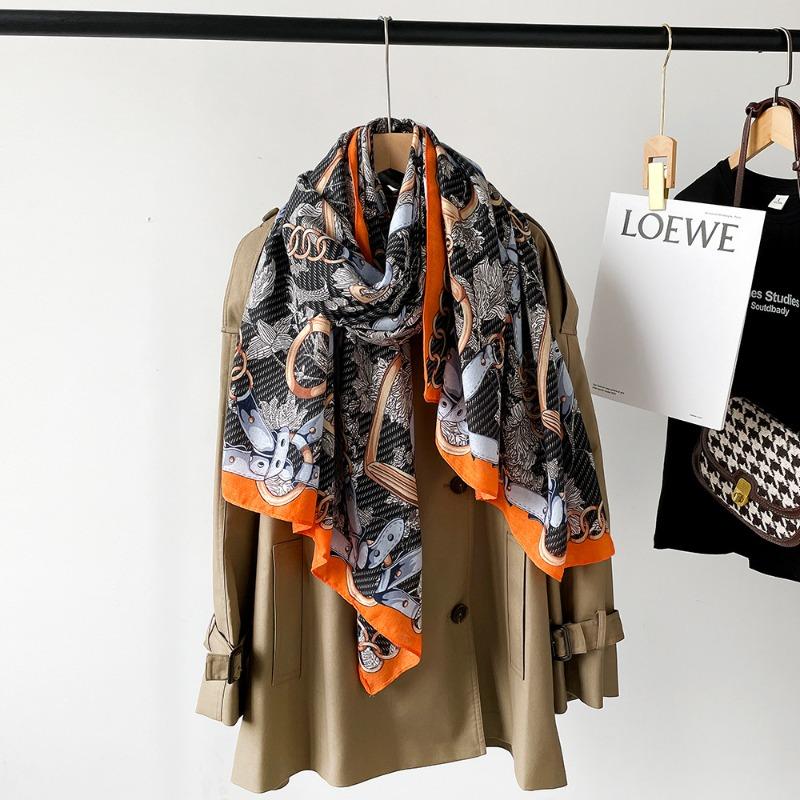 New Cotton and Linen Scarf Women's Autumn High-end Feeling Belt Buckle Printed Silk Scarf Angola Red Shawl