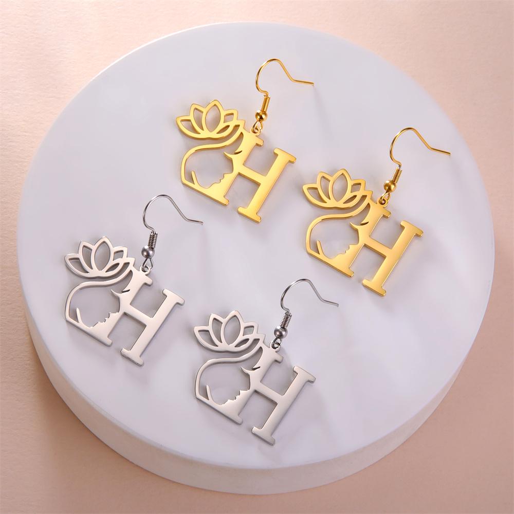 My Shape Beauty Flower Letter Drop Earrings for Women A-Z Alphabet Initials Lotus Stainless Steel Fashion Jewelry Kids Female