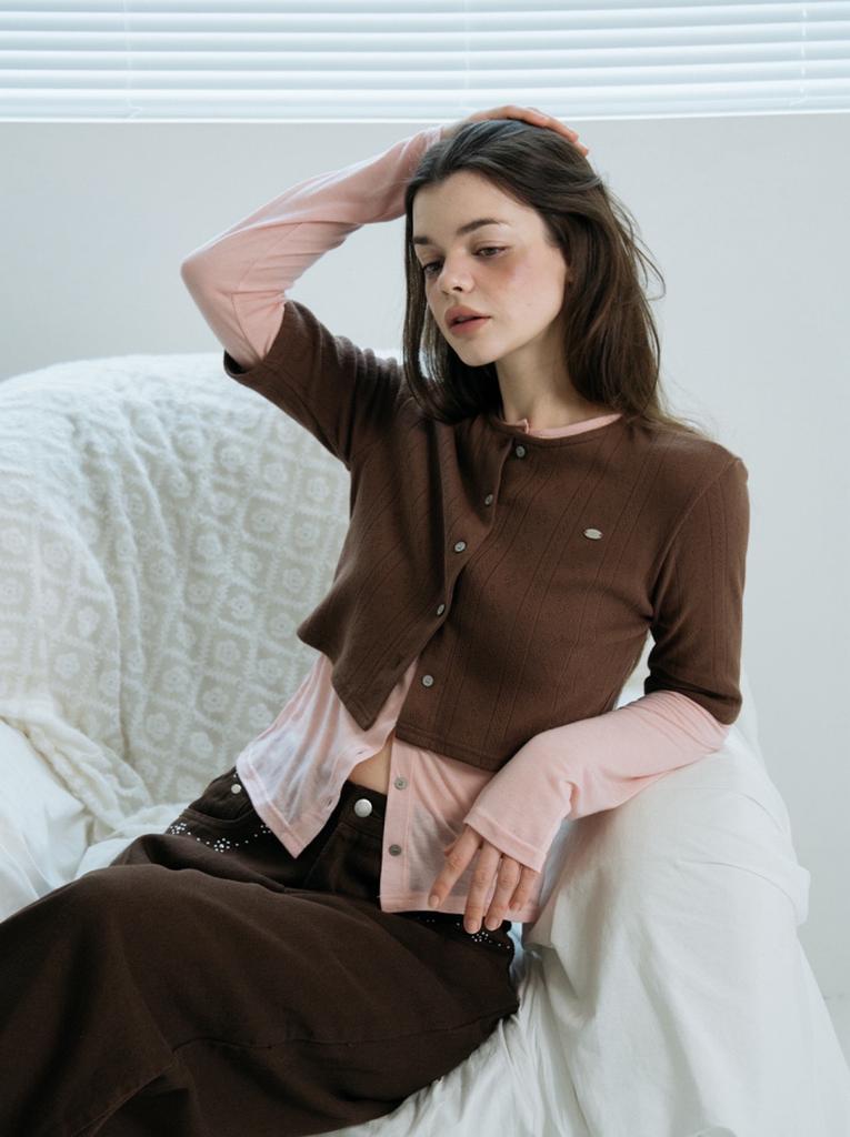 Hhips Double Layered Eyelet Cardigan (Brown)