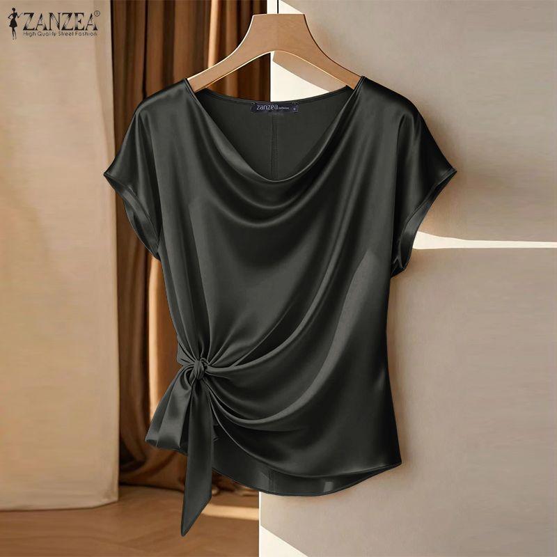 ZANZEA Women Elegant Round Neck Lace-Up Casual Short Sleeve Blouse