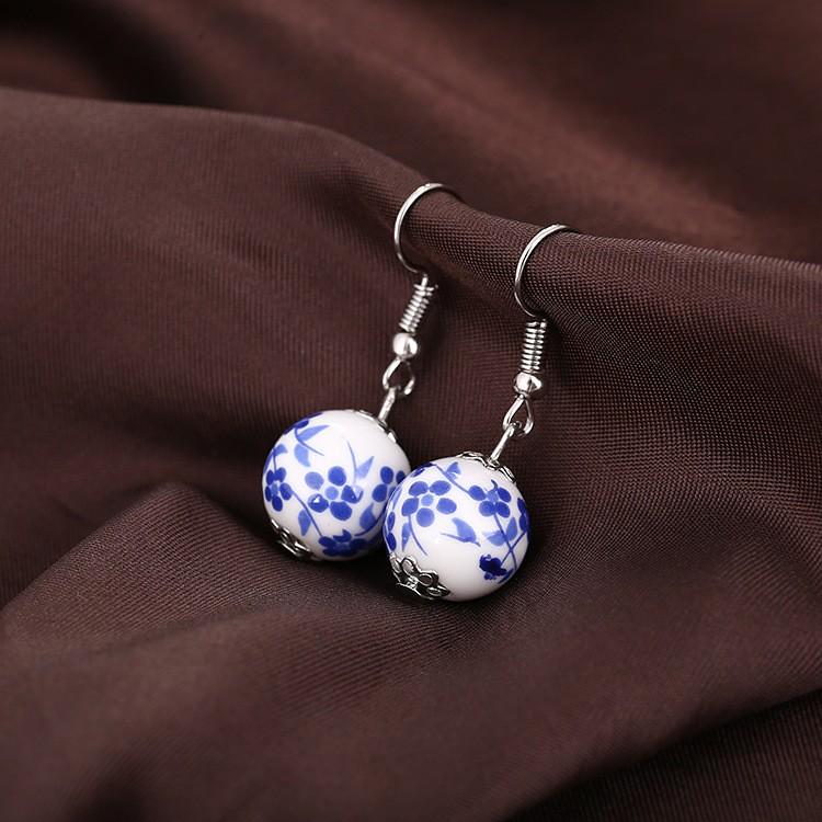 Handmade Blue & White Porcelain Ceramic Earrings, Chinese Ethnic Style