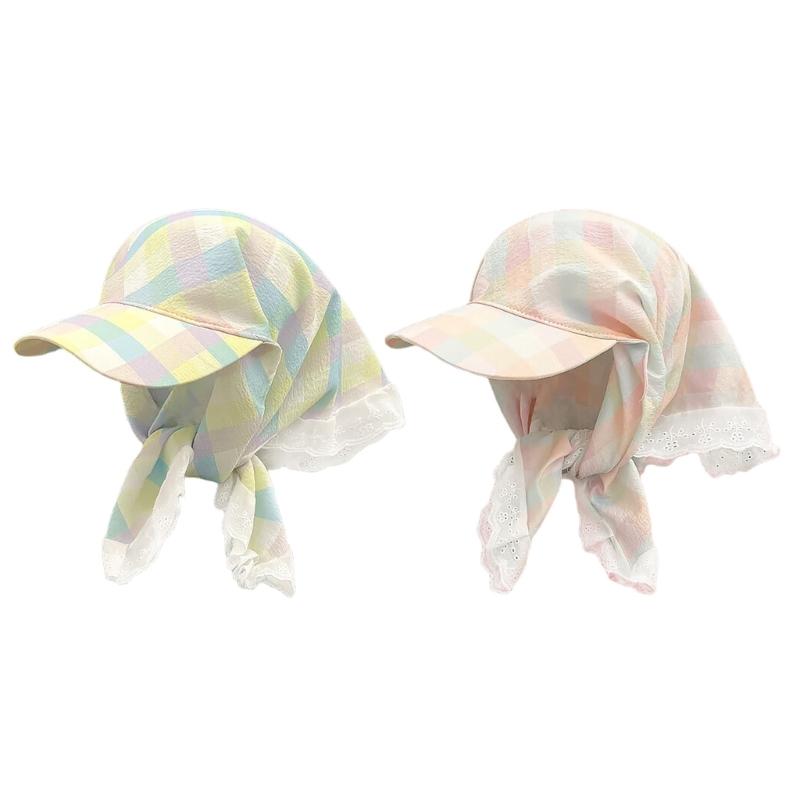 Simple Plaids Head Wrap Hat for Women Soft Lace Trims Headscarf Hat for Female Teens Daily Wear and Social Gatherings