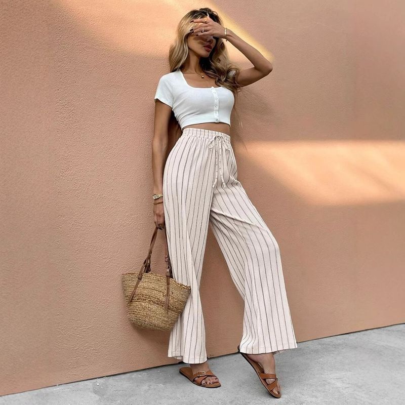 

Summer Fashion Stripes Lace up Casual All-Match Wide Leg Pants Straight-leg Vertical Stripes Elegance Slim Looking Loose Casual Pants Default