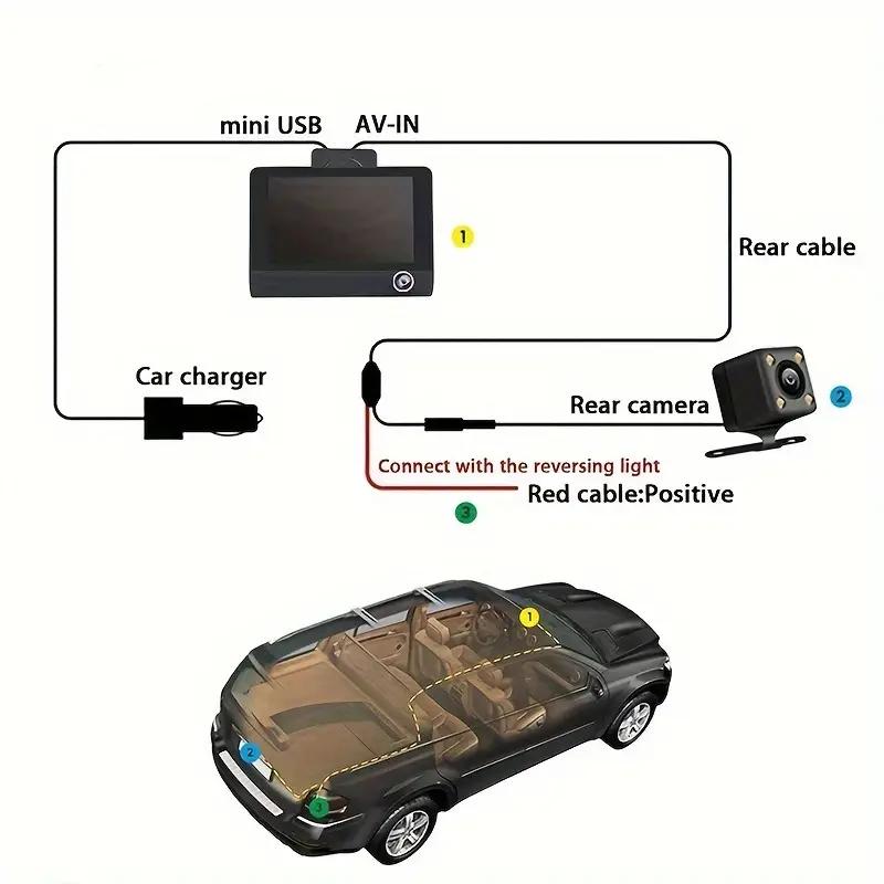 1080P Araba DVR 3 Kamera Lens 4 İnçlik Dikiz Kamerası Geri Görüş Kamerası Dahil TF Kart Video Kaydedici Otomatik Kayıt Cihazı