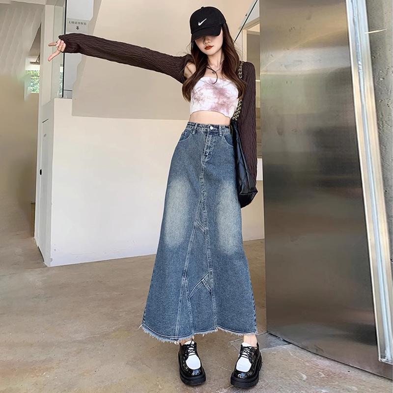 Spring 2025 High-Waist Denim Fishtail Midi Skirt: Trendy Slimming Hip Skirt for Women