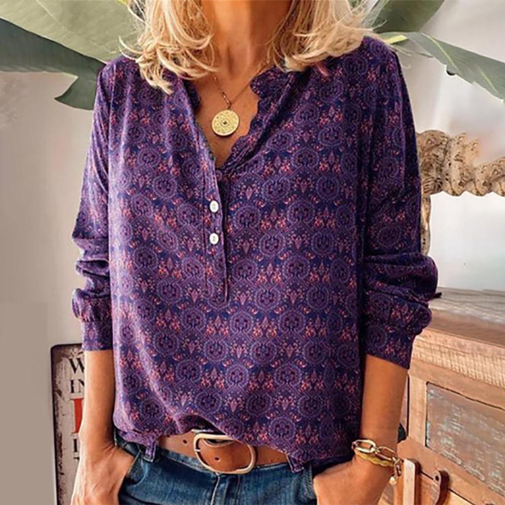 Womens Fashion Casual Button Long Sleeve Vintage Print T-Shirts Tops Blouse