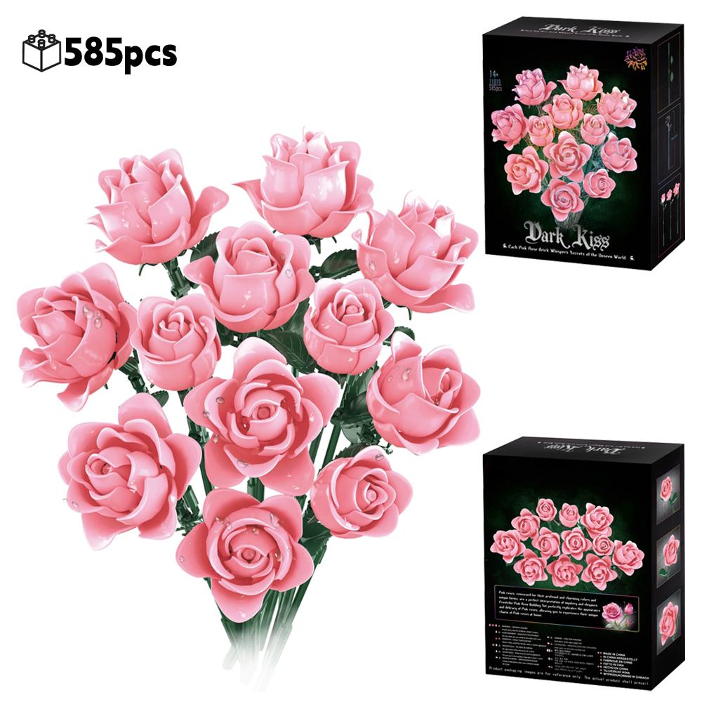 585PCS  Pink Rose Bouquet Building Blocks Set  Creative Ornament Romantic DIY Tabletop Decoration Valentine Gift For Women