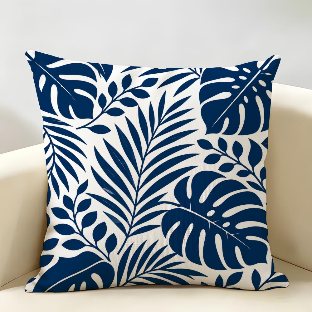 Blue Navy Tropical Silhouette Leaf Cushion Cover Durable Hypoallergenic Organic Linen Short Pillow Cover Washable