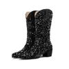 Bling Gold Sequined Cloth Western Cowboy Mid-calf Boots for Women High Block Heel Pointed Toe Cowgirl Slip-on American Half Boot