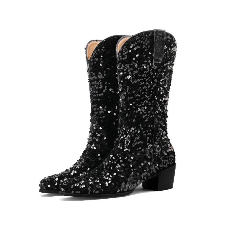 Bling Gold Sequined Cloth Western Cowboy Mid-calf Boots for Women High Block Heel Pointed Toe Cowgirl Slip-on American Half Boot