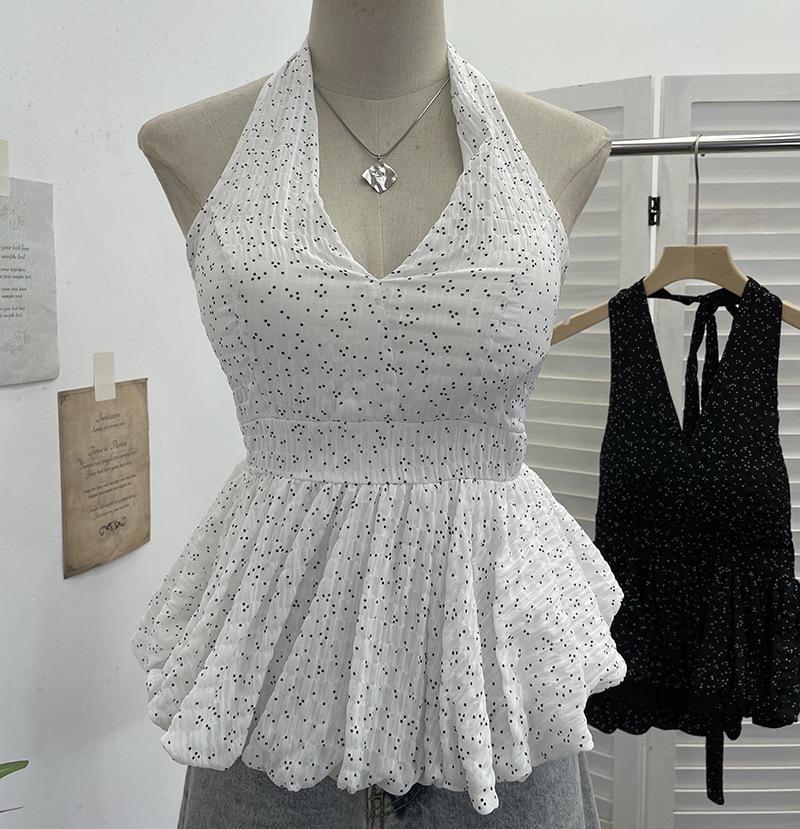

Polka Dot Halter Tank Top with Bow Skirt Hem - Slimming, Backless, Sleeveless 9260 One Size білий