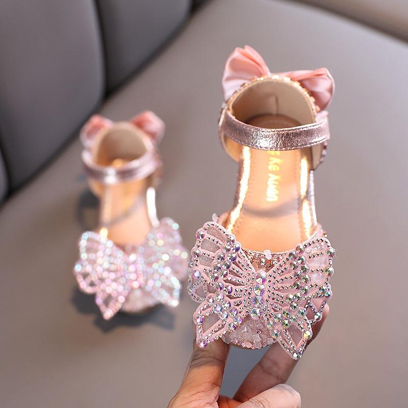 Summer New Korean-style Rhinestone Bow Girls' Sandals Princess Shoes Children's Shoes Spring Style Girls' Leather Shoes Trendy