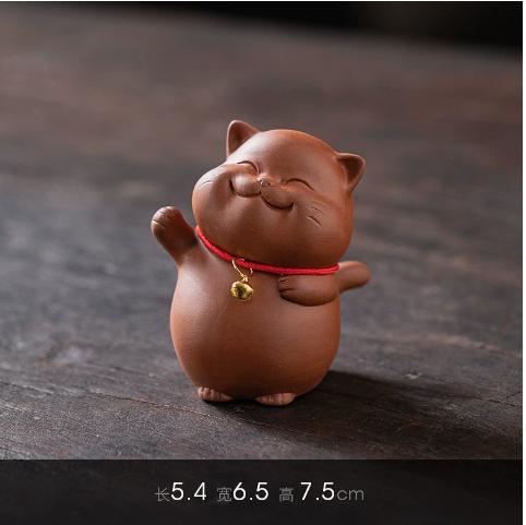 Lucky Bell Cat Tea Pet - Handmade Purple Sand Kitten Statue, Cute Office & Home Decoration, Chinese Style Gift