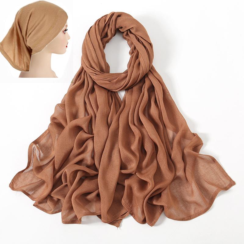 2 Pcs Set Viscose Hijab Matching Color Jersey Cap Plain Cotton Modal Muslim Women Head Scarf Soft Shawl Turbante Head Wrap