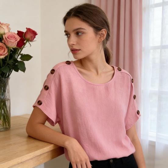 Damen Oberteile Rundhals Fledermausärmel Kurze Ärmel Knöpfe Dekoration T-Shirt Lockerer Schnitt Einfarbige Sommer Freizeitbluse