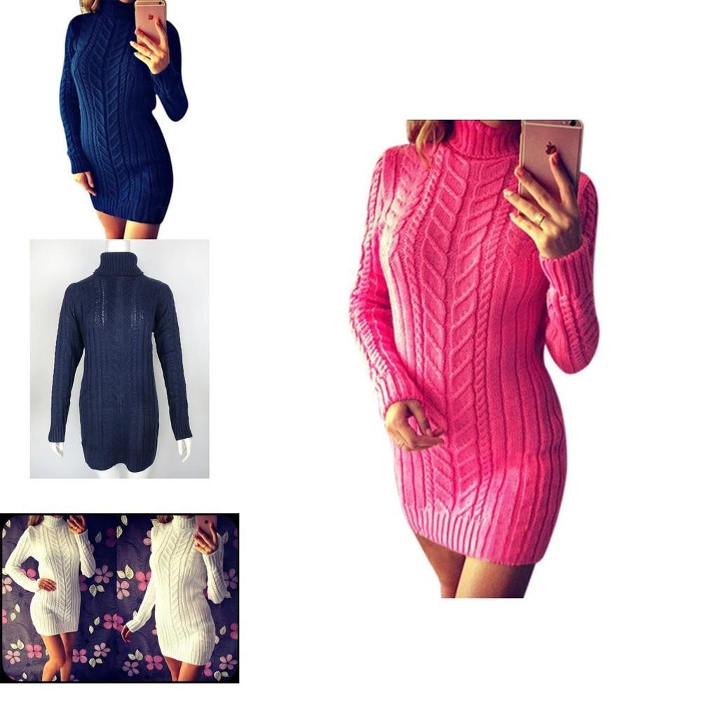 Vestito Sexy Autunnale e Invernale in Maglia Vestibilità Aderente e Collo Alto Design a Treccia