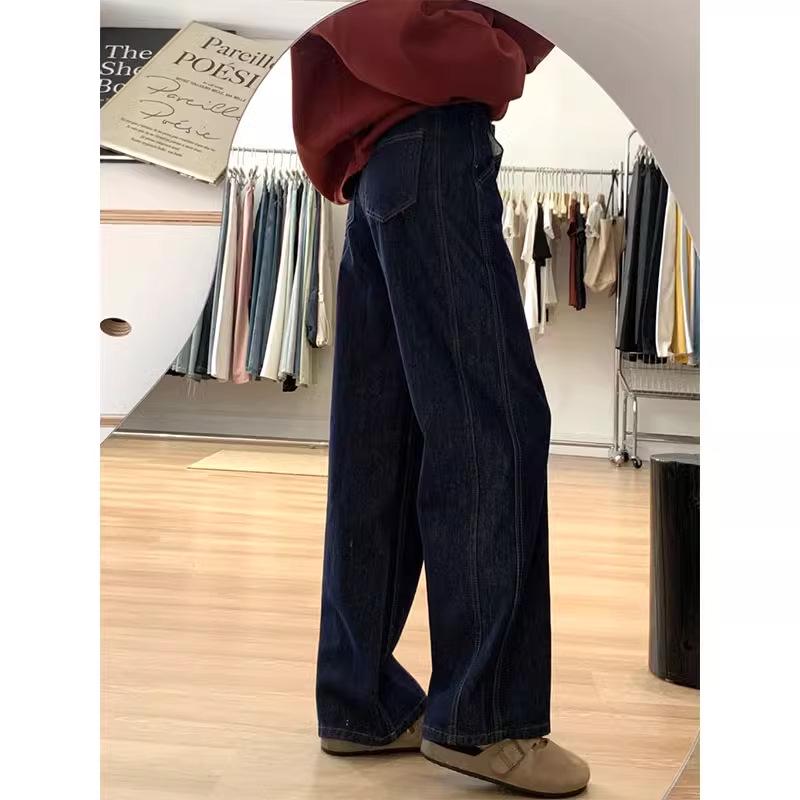 

Темно-синие джинсы больших размеров с широкими штанинами для женщин - Осень/Зима, на бархатной подкладке, свободного кроя, слим-фит, прямые штанины, брюки-моп. M