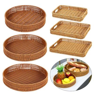 1Pcs Breakfast Bread Food Handwoven Rattan Basket Round Rectangular Shape Imitation Wicker Rattan Storage Tray