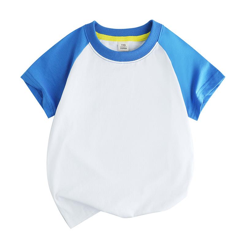 Summer Cotton Raglan Color Block Kids' Round Neck T-Shirt - Solid Color, Sweat-Absorbing, Short Sleeve Uniform