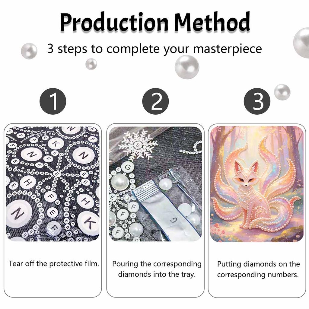 DIY Framed Pearl Painting Kit Ninetailed Fox Pattern Sparkling Bead Canvas Creative Handmade Craft Gift for Women and Adults Relaxation Art