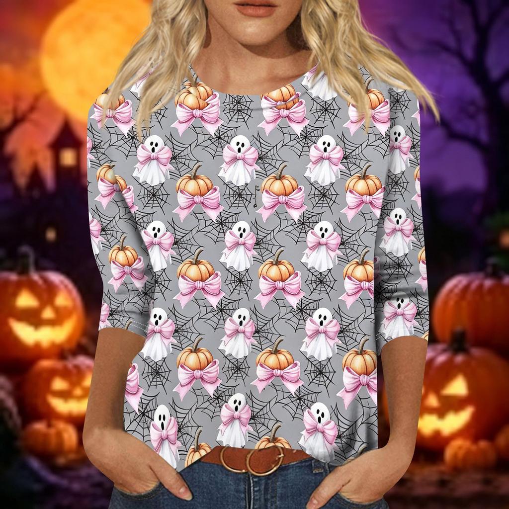 Women Casual Three Quarter Sleeve Halloween Pumpkin Print Crew Neck Top Lightweight Comfortable Fall Shirt for Everyday Wear
