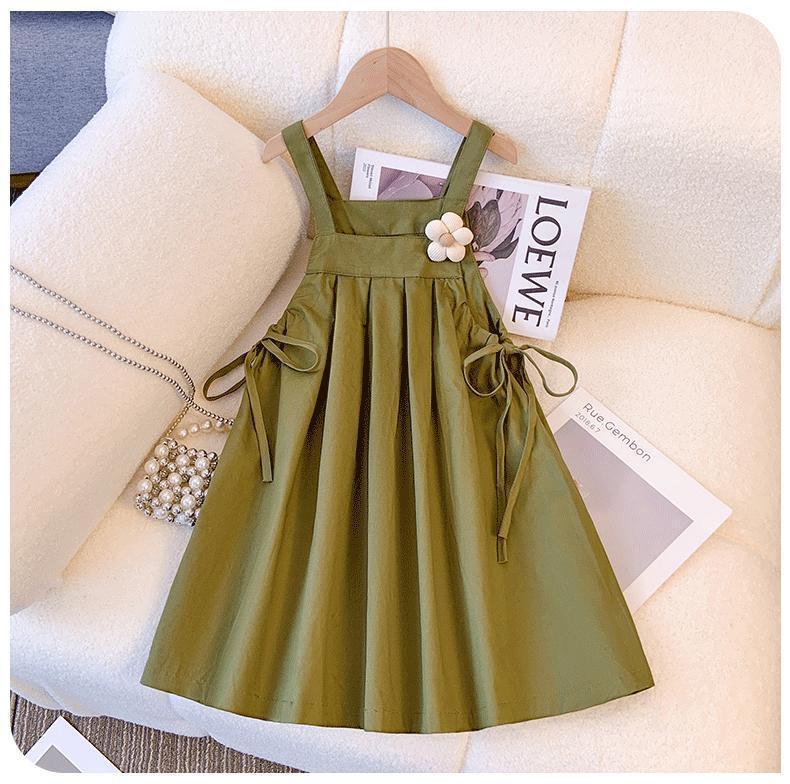 2024 Summer Girls' Stylish Casual Two-Piece: Bubble Sleeve Top & Suspender Dress