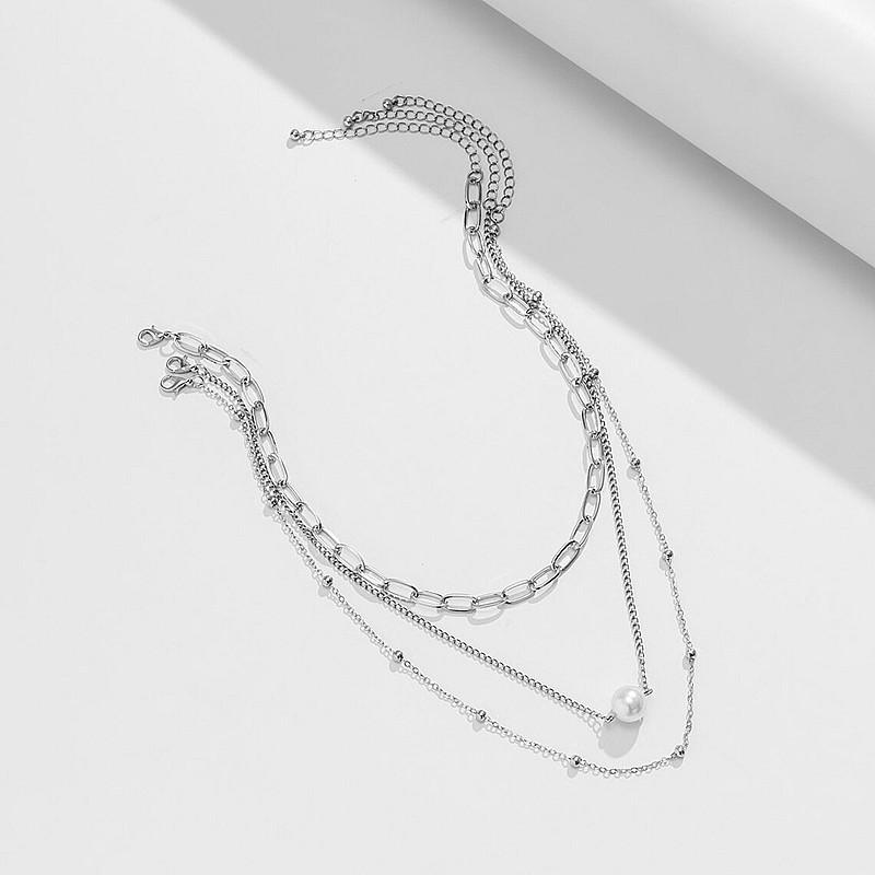 Hip-hop Metal Multi-layer Collarbone Chain Neck Chain Female, Simple and Versatile Copper Bead Chain Pearl Necklace