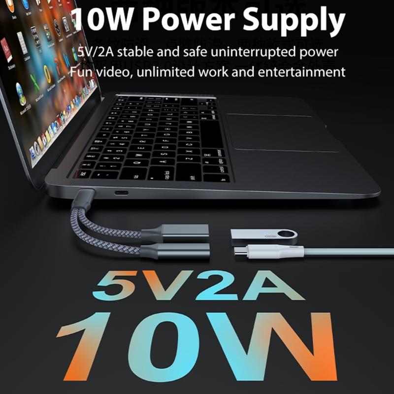 USB C OTG Adapter, 2 In 1 USB C Splitter with PD10W Fast-Charging Type-C Otg and USB A Female Port Nylon Braid Cable